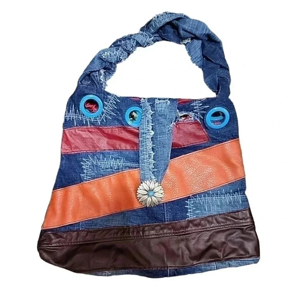 UPCYCLED Vintage Southpole extra large boho leather patchwork Hobo bag - Picture 4 of 12